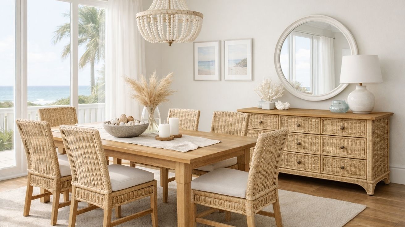Coastal Home Decor Pairing Light Wicker Dining Chairs with Elegant Wicker Dressers