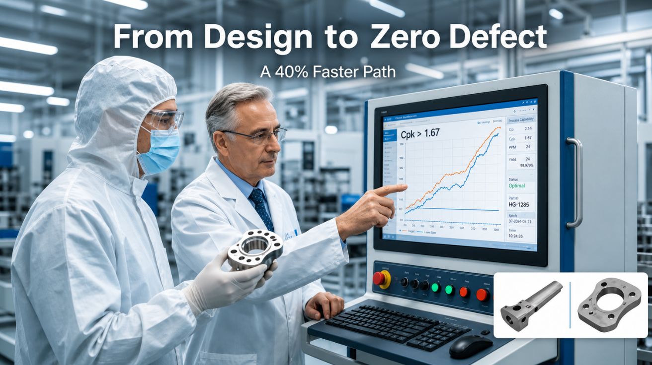 A design engineer and a manufacturing expert in a medical-grade cleanroom inspect a flawless titanium surgical component machined via 5-axis CNC, analyzing real-time SPC data that ensures process capability, representing the integrated path to faster, defect-free production.