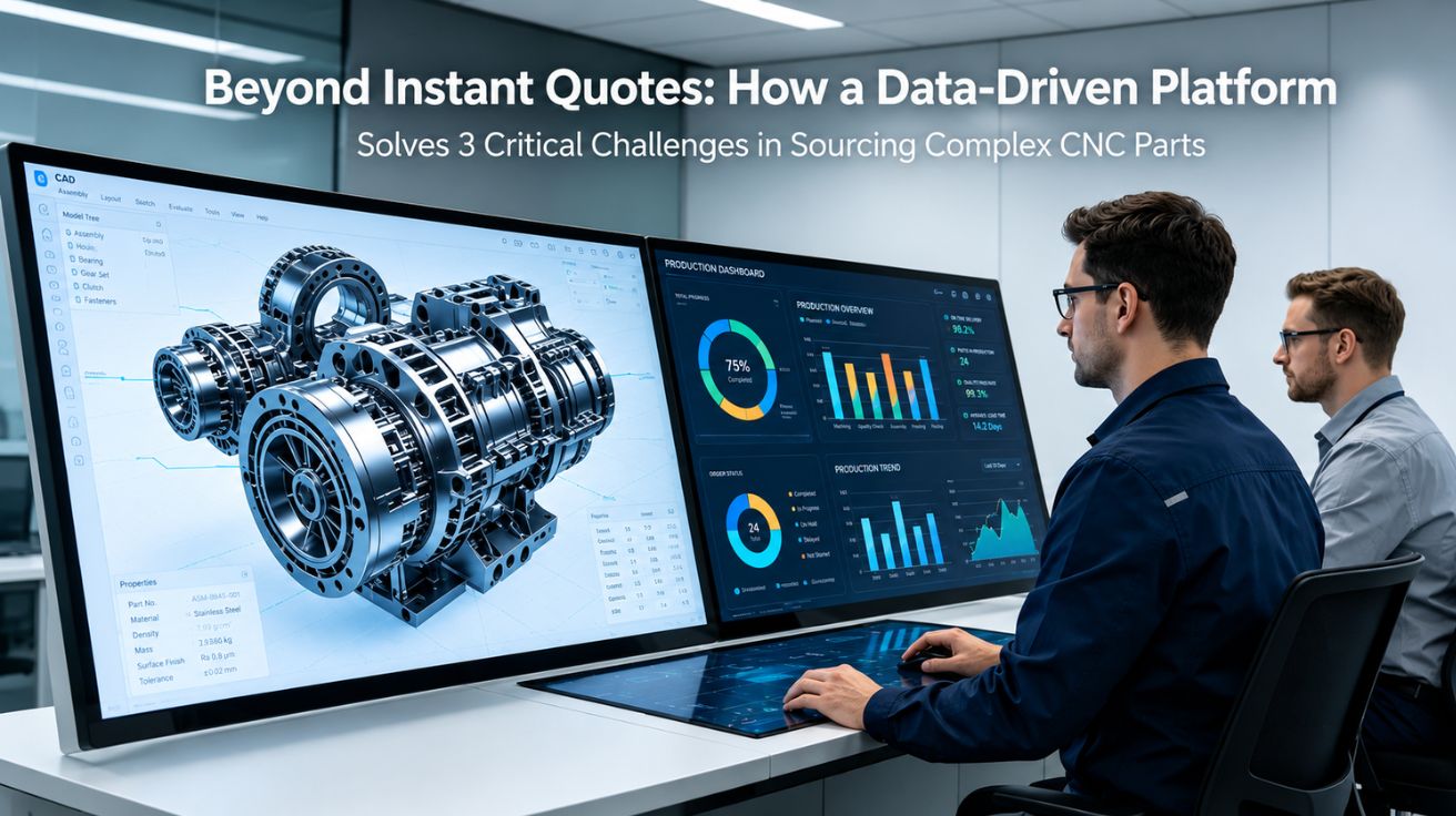 A hyper-realistic photo in a smart factory control room, showing an engineer interacting with a large touchscreen displaying a 3D CAD model of a complex aerospace part alongside a real-time data dashboard with DFM, scheduling, and quality metrics, overlaid with the article title.