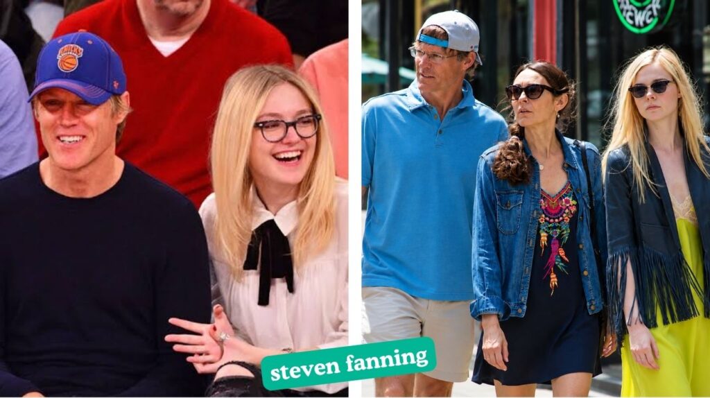Steven Fanning sitting courtside with Dakota Fanning at an NBA game and walking with Joy and Elle Fanning.